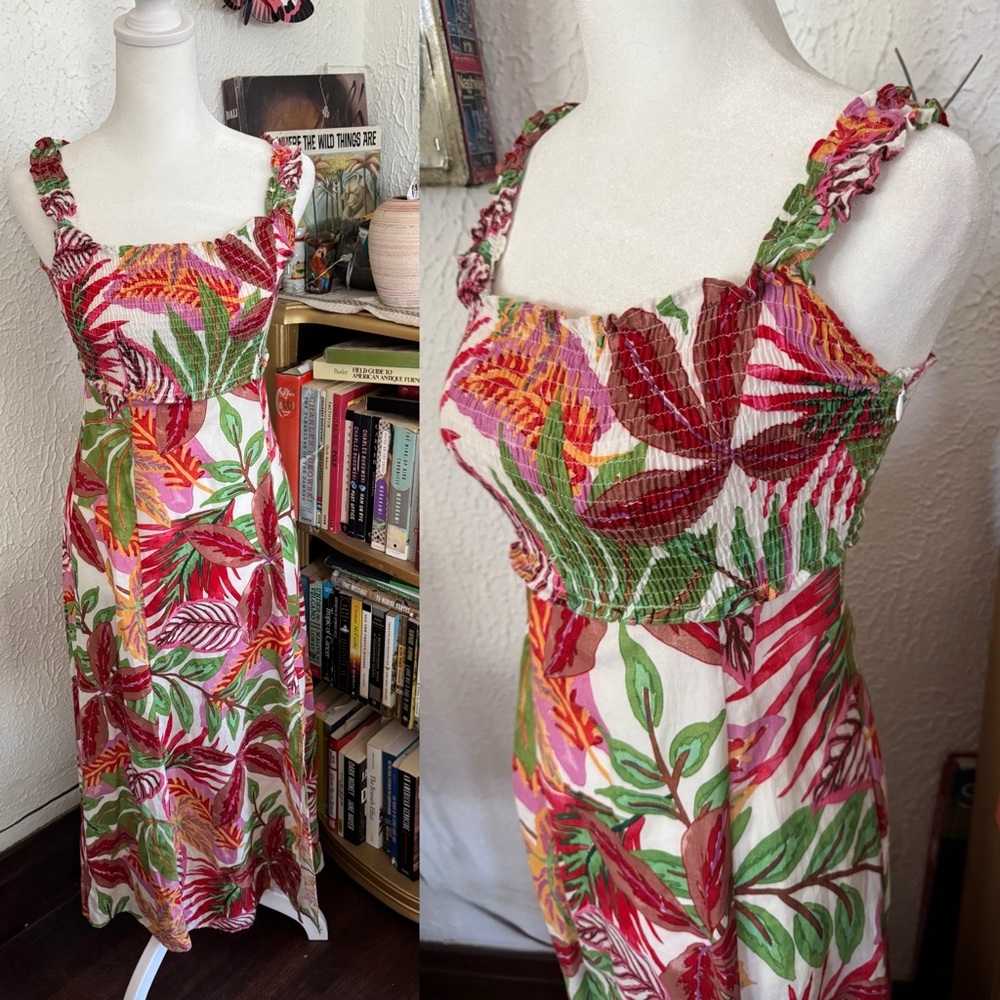 ZARA Tropical Floral Smocked Small Midi Dress Cotton Beach Boho Vacation Resort